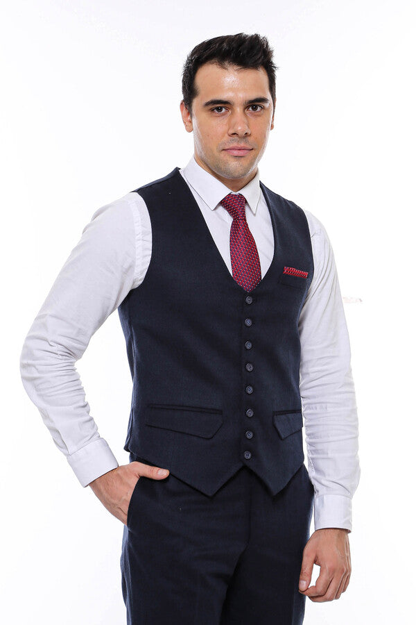 WSS 8 Buttoned Plain Navy Blue Vest  - Singen