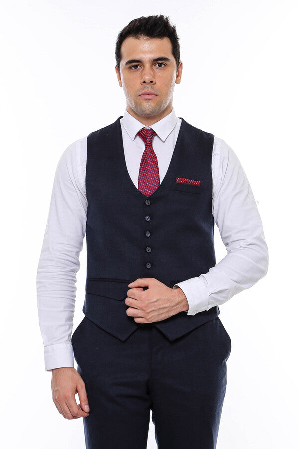 WSS 8 Buttoned Plain Navy Blue Vest  - Singen