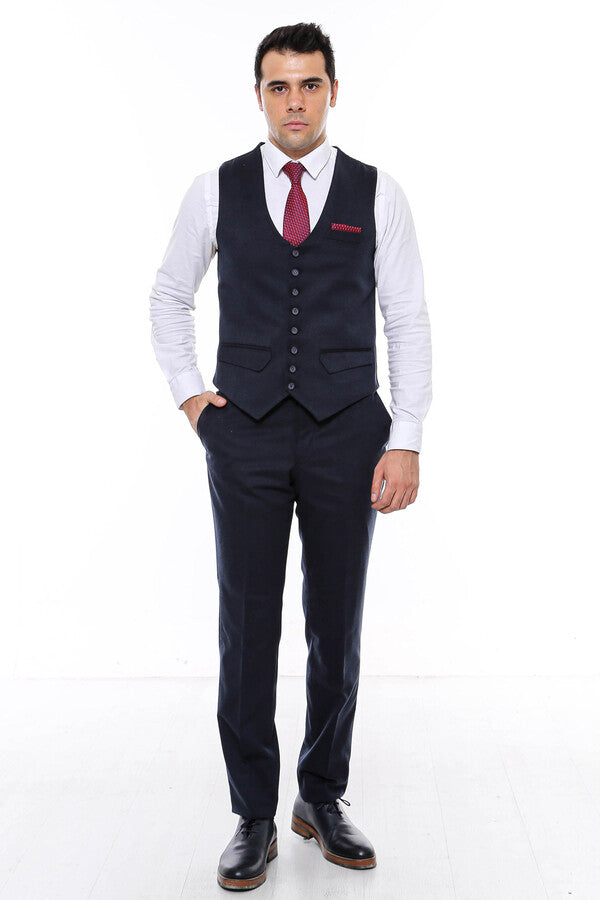 WSS 8 Buttoned Plain Navy Blue Vest  - Singen