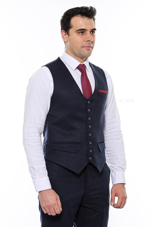 WSS 8 Buttoned Plain Navy Blue Vest  - Singen