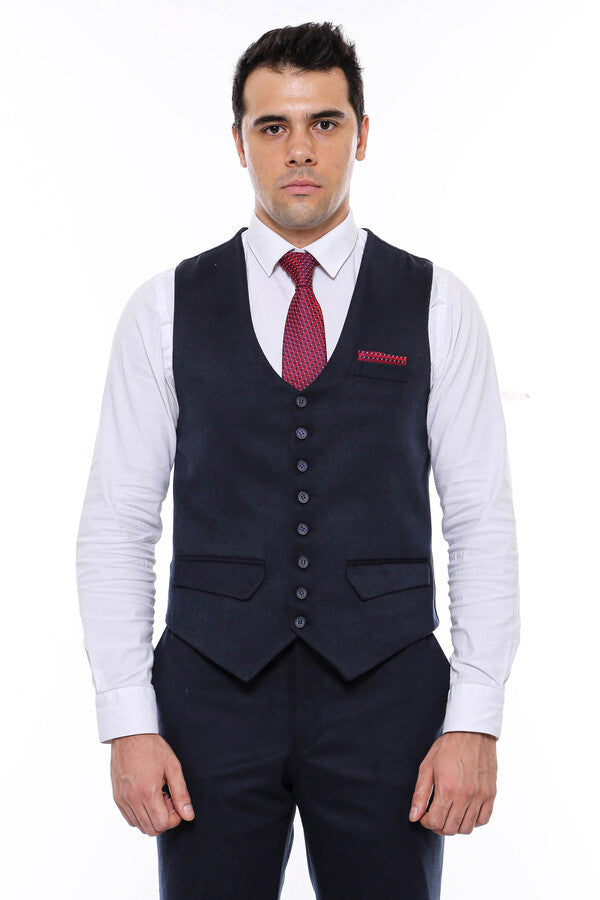 WSS 8 Buttoned Plain Navy Blue Vest  - Singen