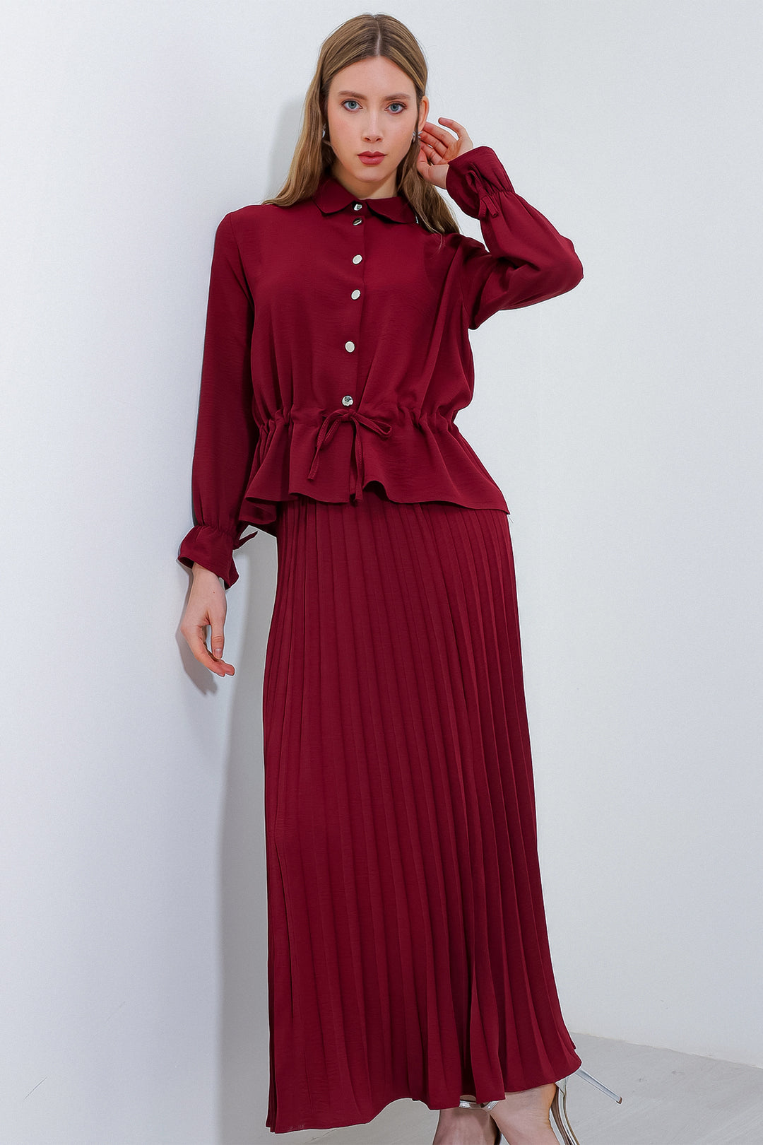 BGD Women Pleated Skirt Suit Set - Burgundy - Avondale