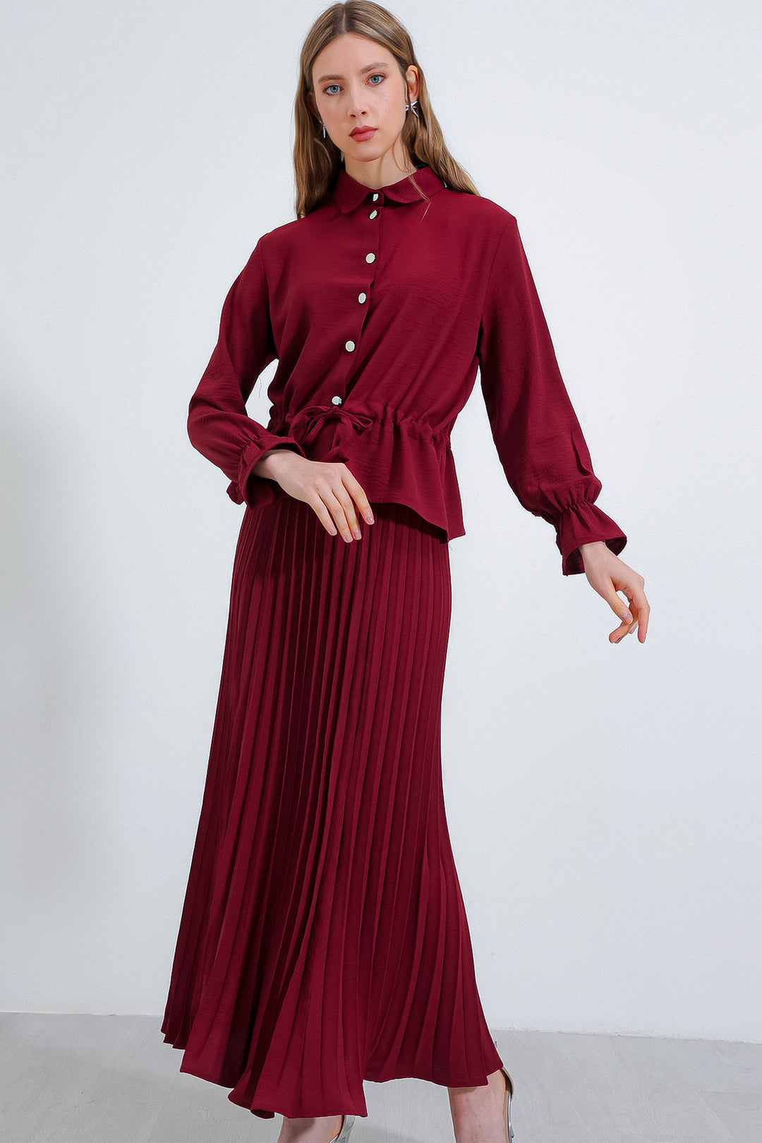 BGD Women Pleated Skirt Suit Set - Burgundy - Avondale