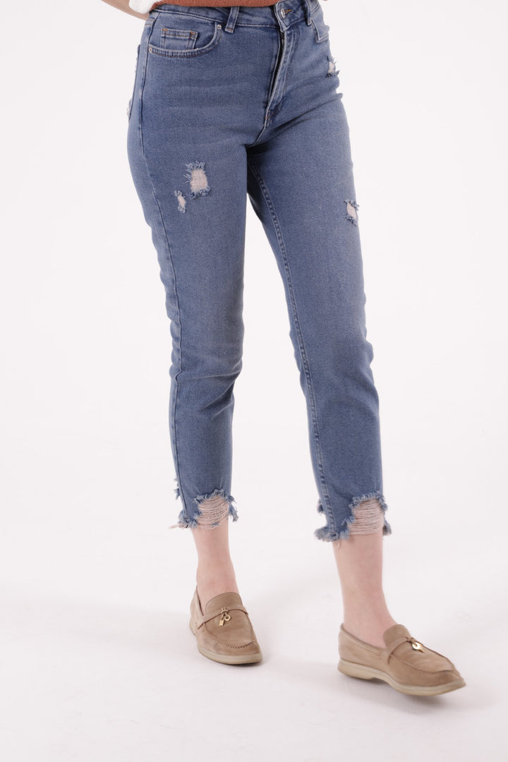 XLJ High Waisted Mom Fit Ankle Length Jean with Ripped Finish Mixed - Oss