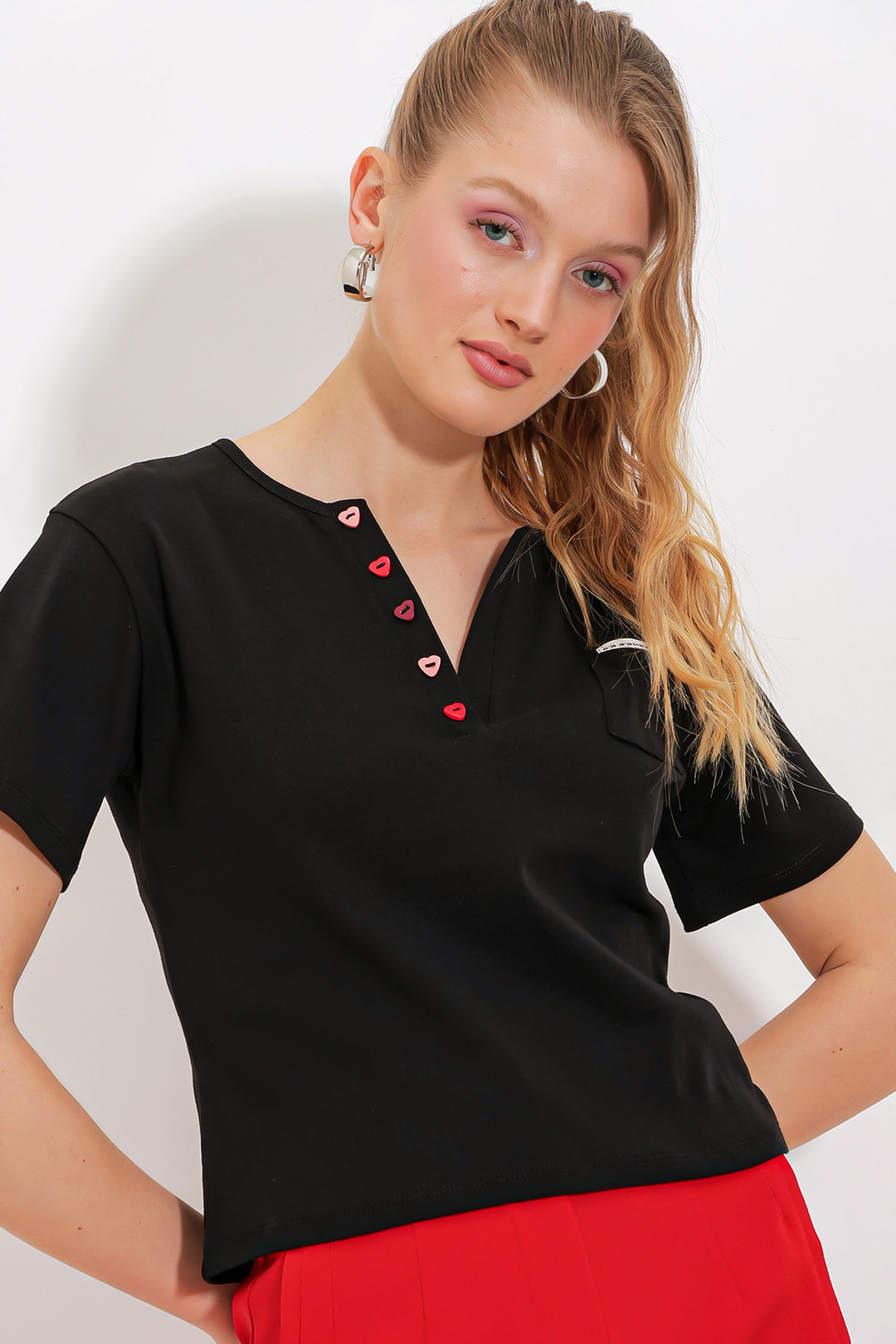 BGD Women Women's Black Short Sleeve T-Shirt with Button Detail 903 - Avondale