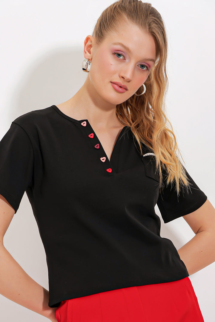 BGD Women Women's Black Short Sleeve T-Shirt with Button Detail 903 - Avondale