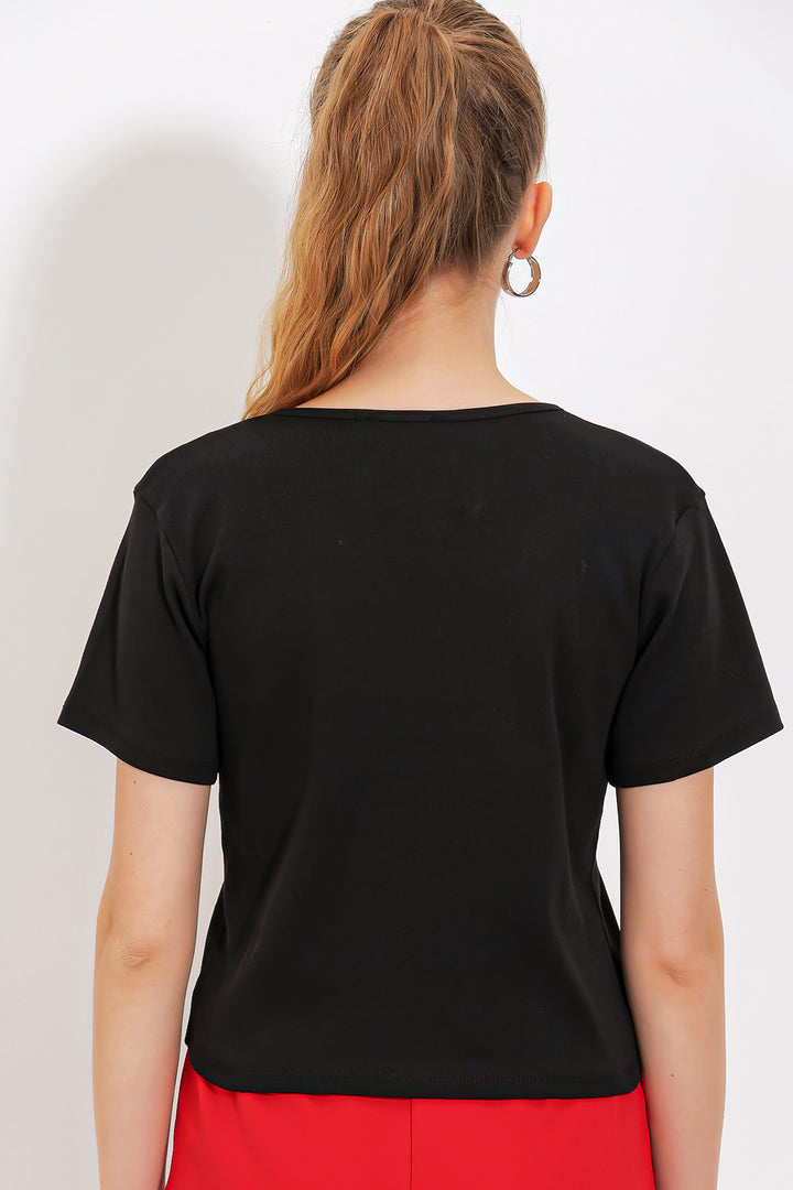 BGD Women Women's Black Short Sleeve T-Shirt with Button Detail 903 - Avondale