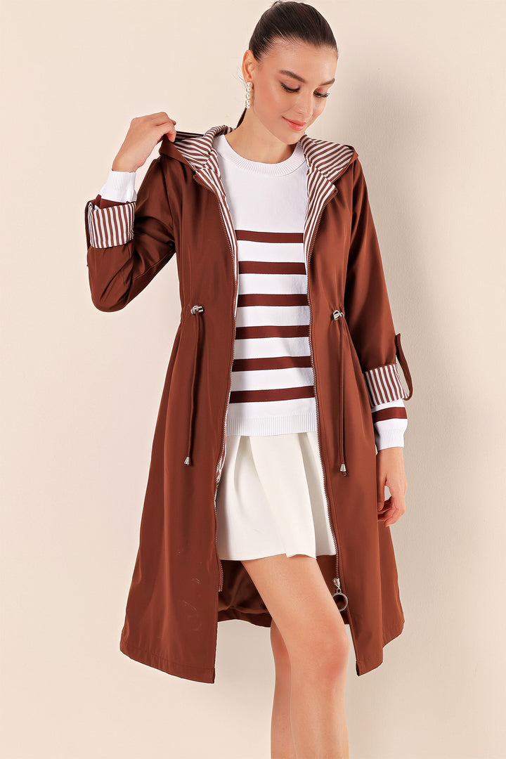 BGD Women Waist Gathered Hooded Trench Coat - M. Brown - Avondale