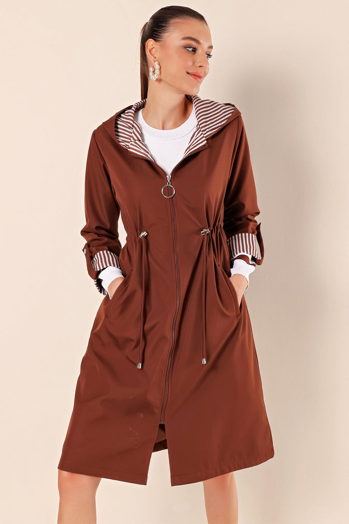 BGD Women Waist Gathered Hooded Trench Coat - M. Brown - Avondale