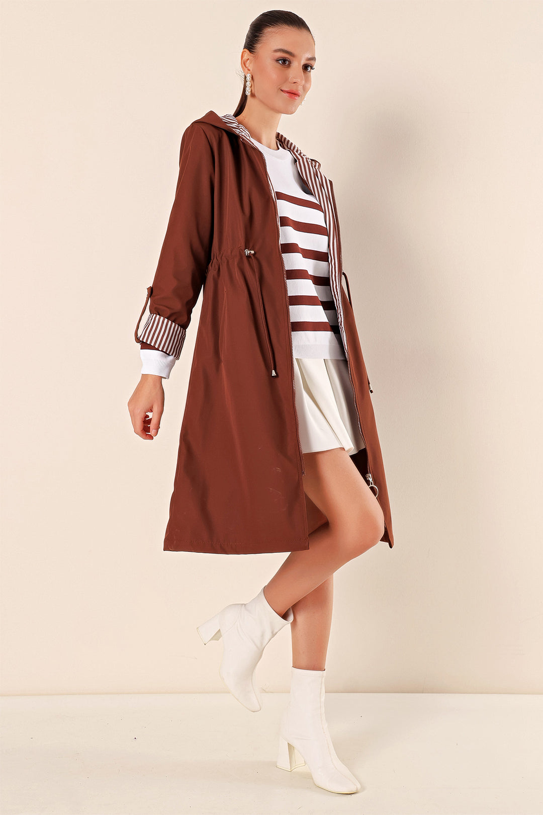 BGD Women Waist Gathered Hooded Trench Coat - M. Brown - Avondale