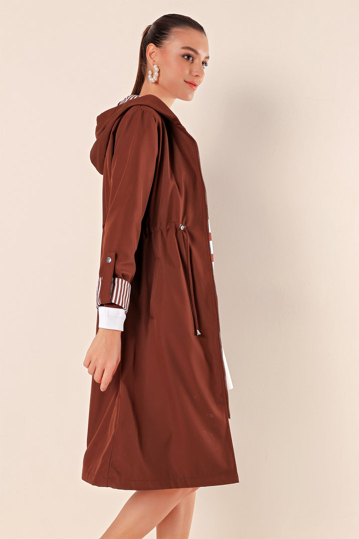 BGD Women Waist Gathered Hooded Trench Coat - M. Brown - Avondale