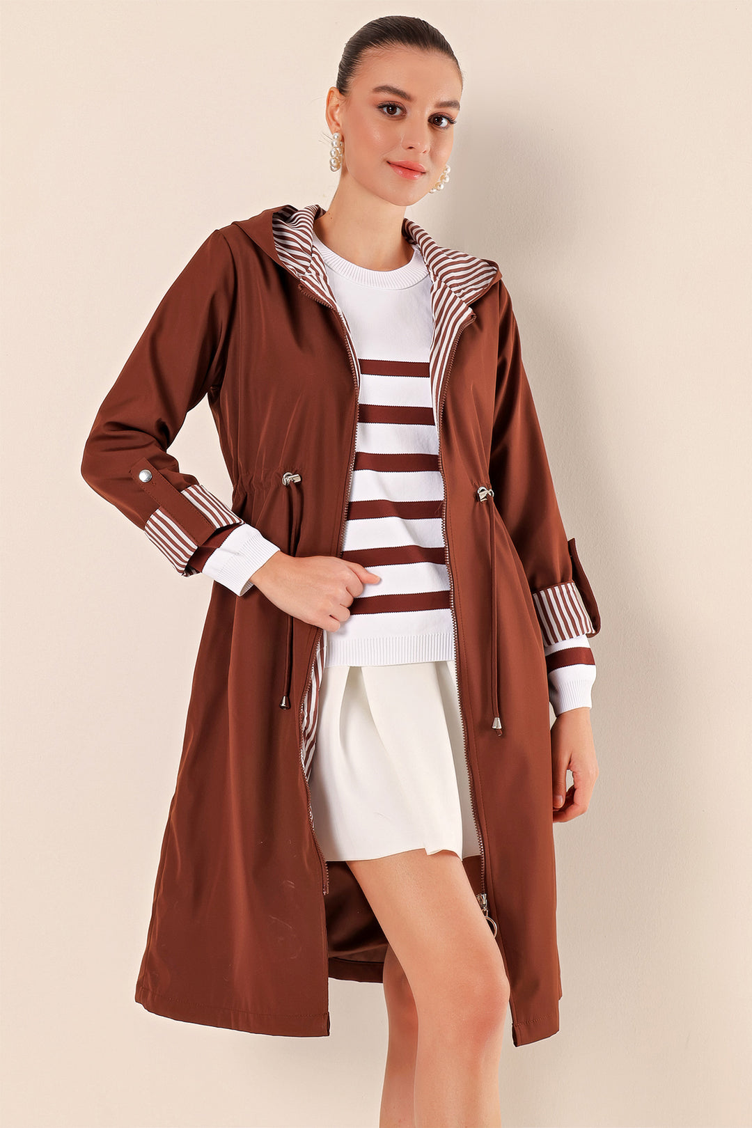 BGD Women Waist Gathered Hooded Trench Coat - M. Brown - Avondale