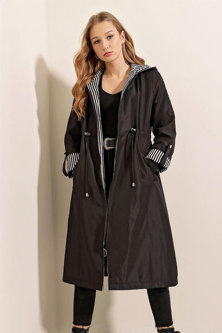 BGD Women Waist Gathered Hooded Trench Coat - Black - Avondale