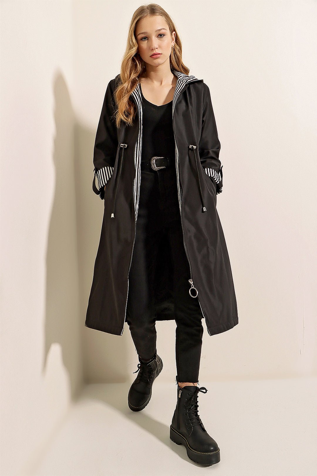 BGD Women Waist Gathered Hooded Trench Coat - Black - Avondale