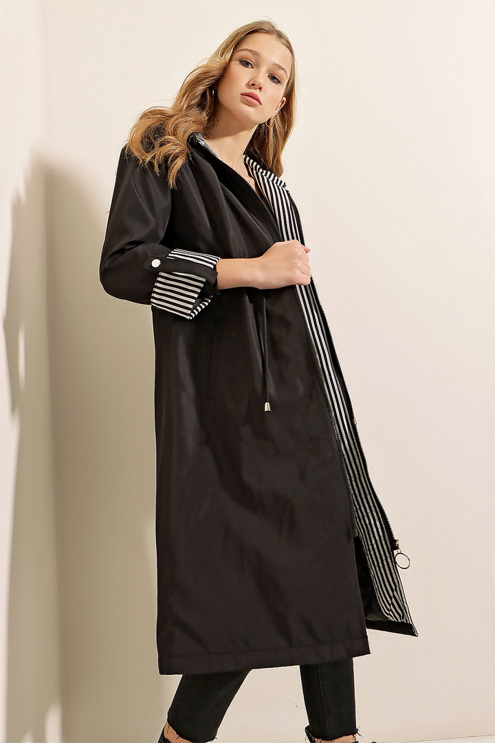 BGD Women Waist Gathered Hooded Trench Coat - Black - Avondale