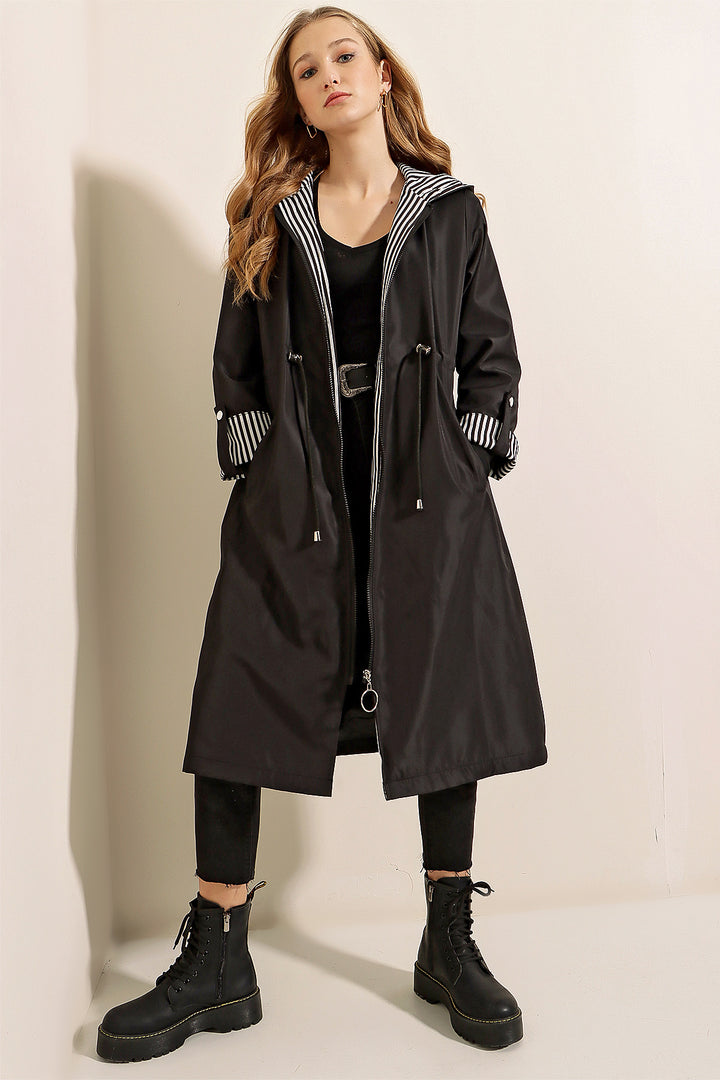 BGD Women Waist Gathered Hooded Trench Coat - Black - Avondale