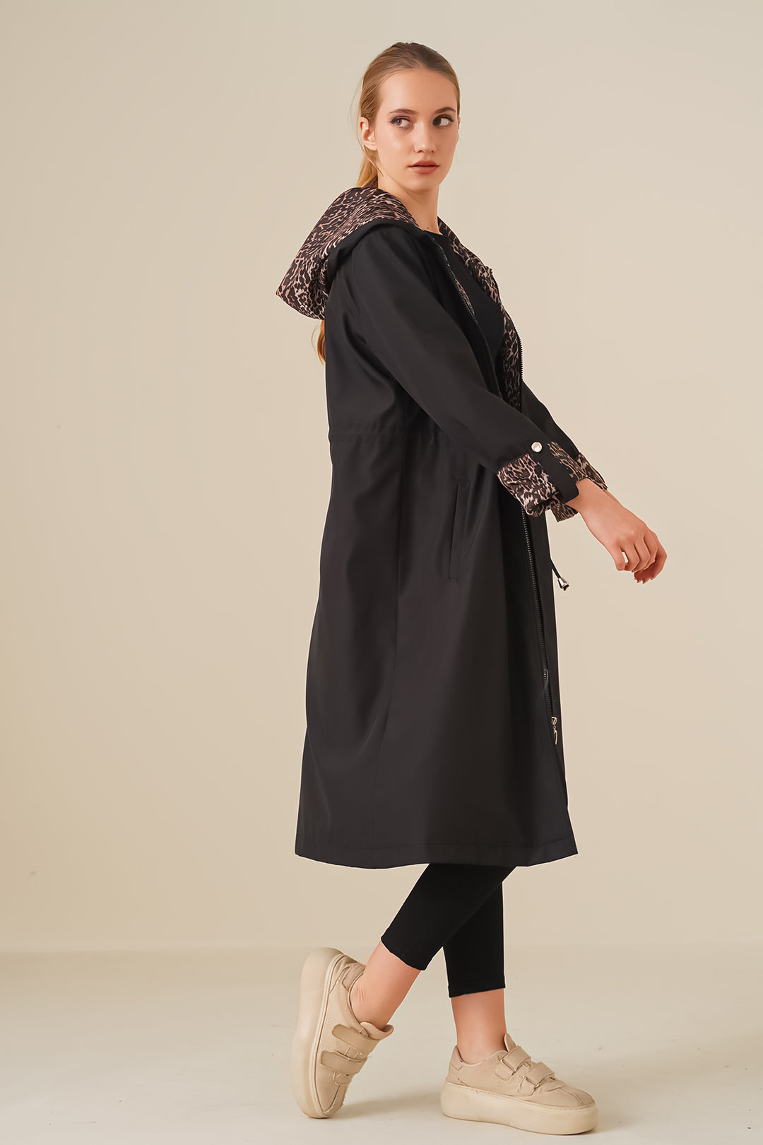 BGD Women Waist Gathered Hooded Trench Coat - Black - Avondale