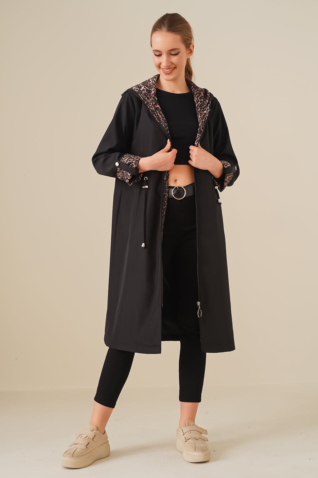 BGD Women Waist Gathered Hooded Trench Coat - Black - Avondale