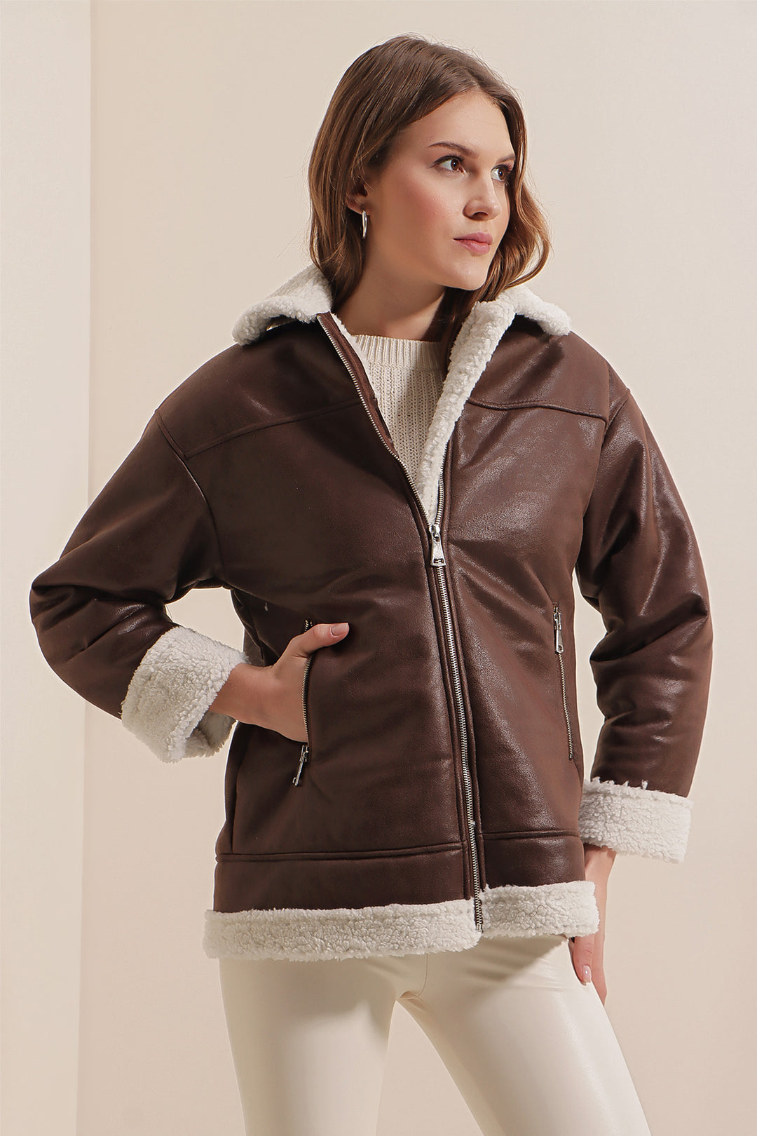 BGD Women Faux Fur Zipper Coat - Brown - Avondale