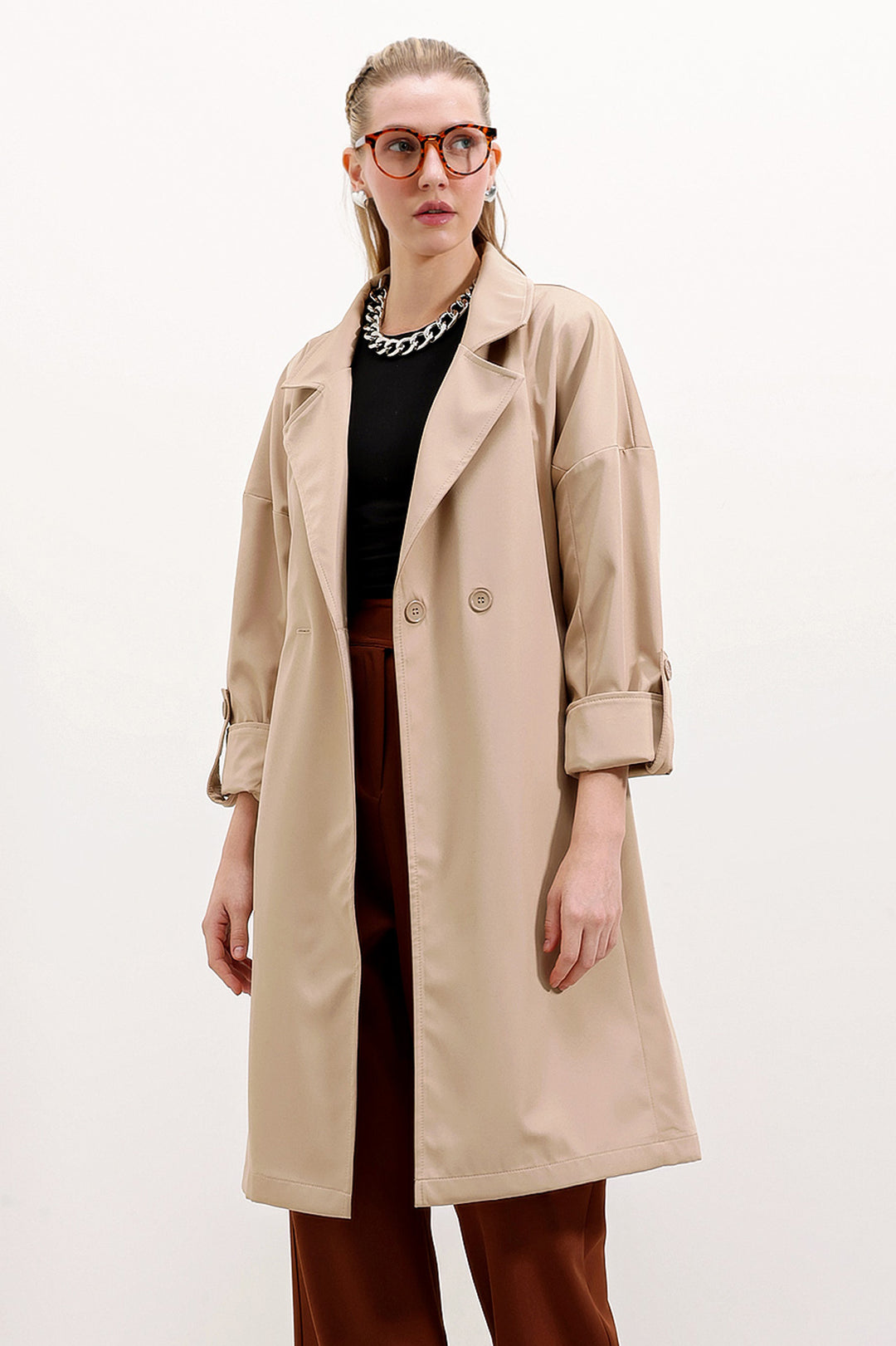 BGD Women Double-Breasted Collar Lined Trench Coat - Beige - Avondale