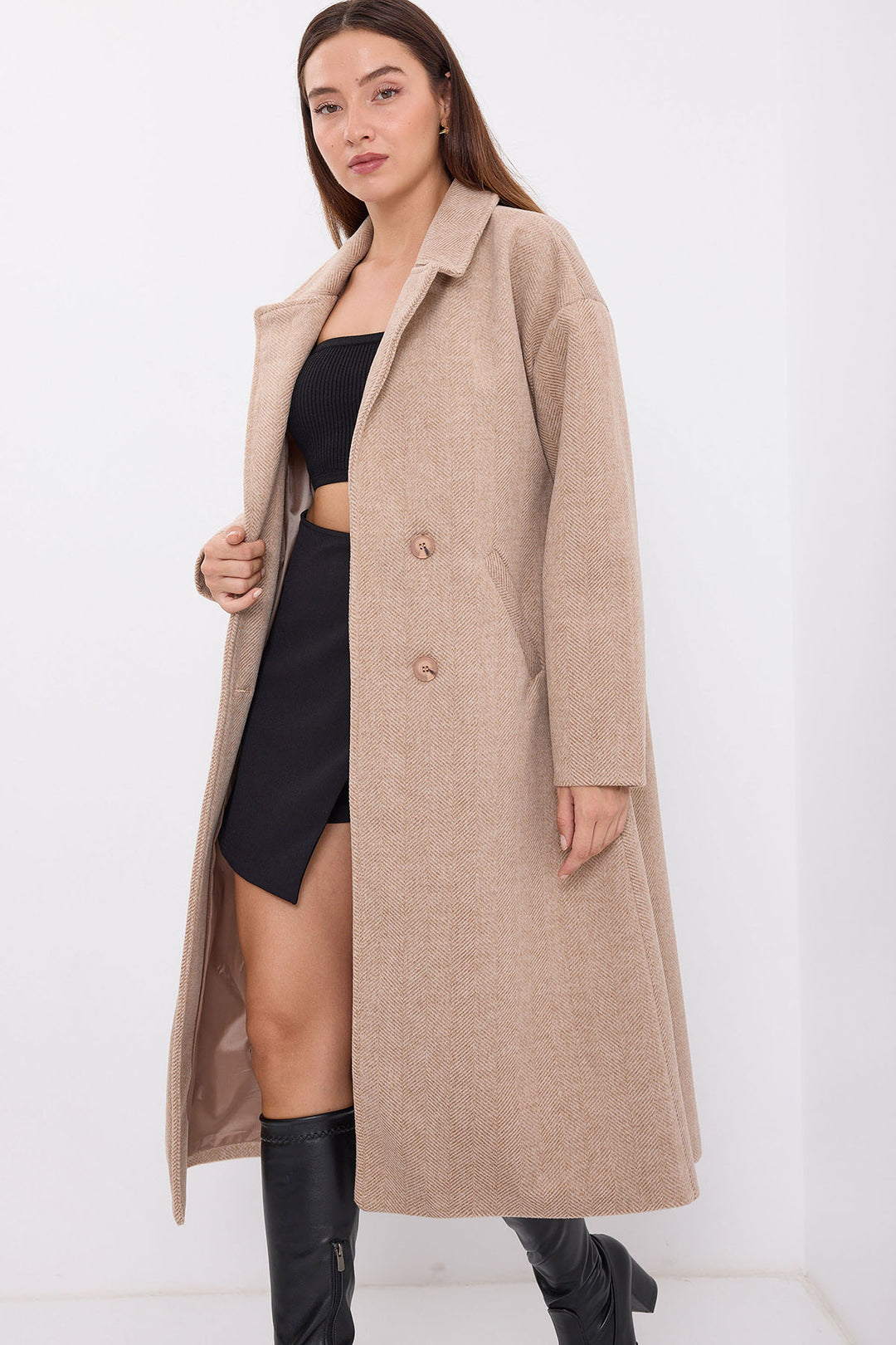 BGD Women Oversize Wide Cut Wool Long Coat - Biscuit - Avondale