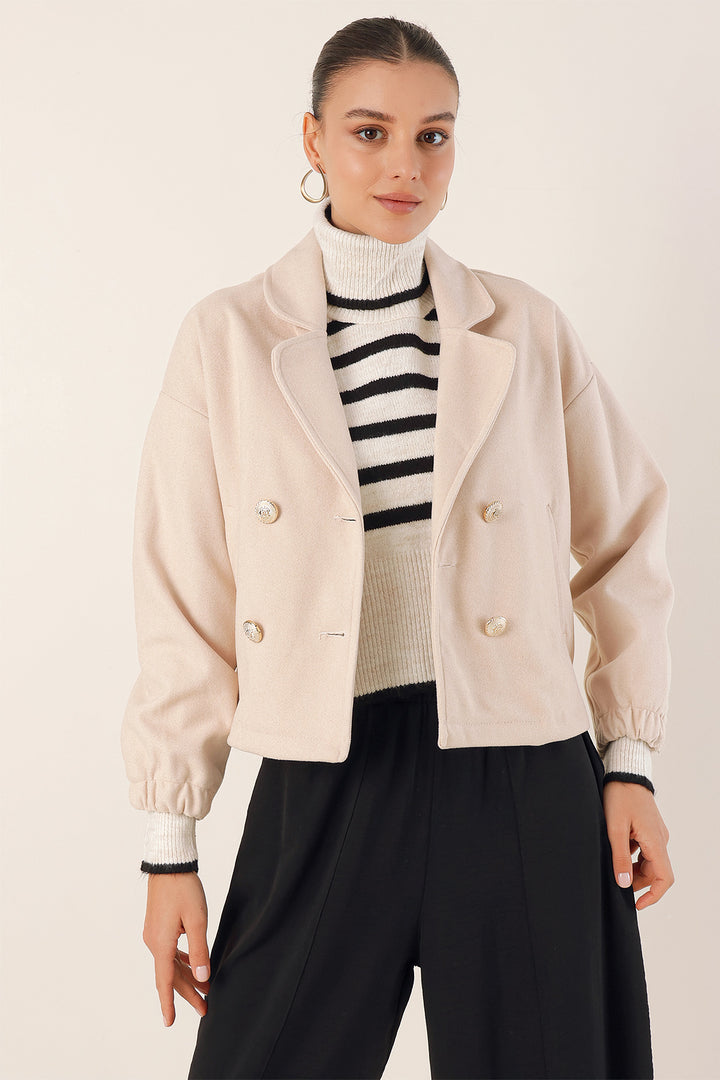 BGD Women Lapel Collar Crop Jacket - Beige - Avondale