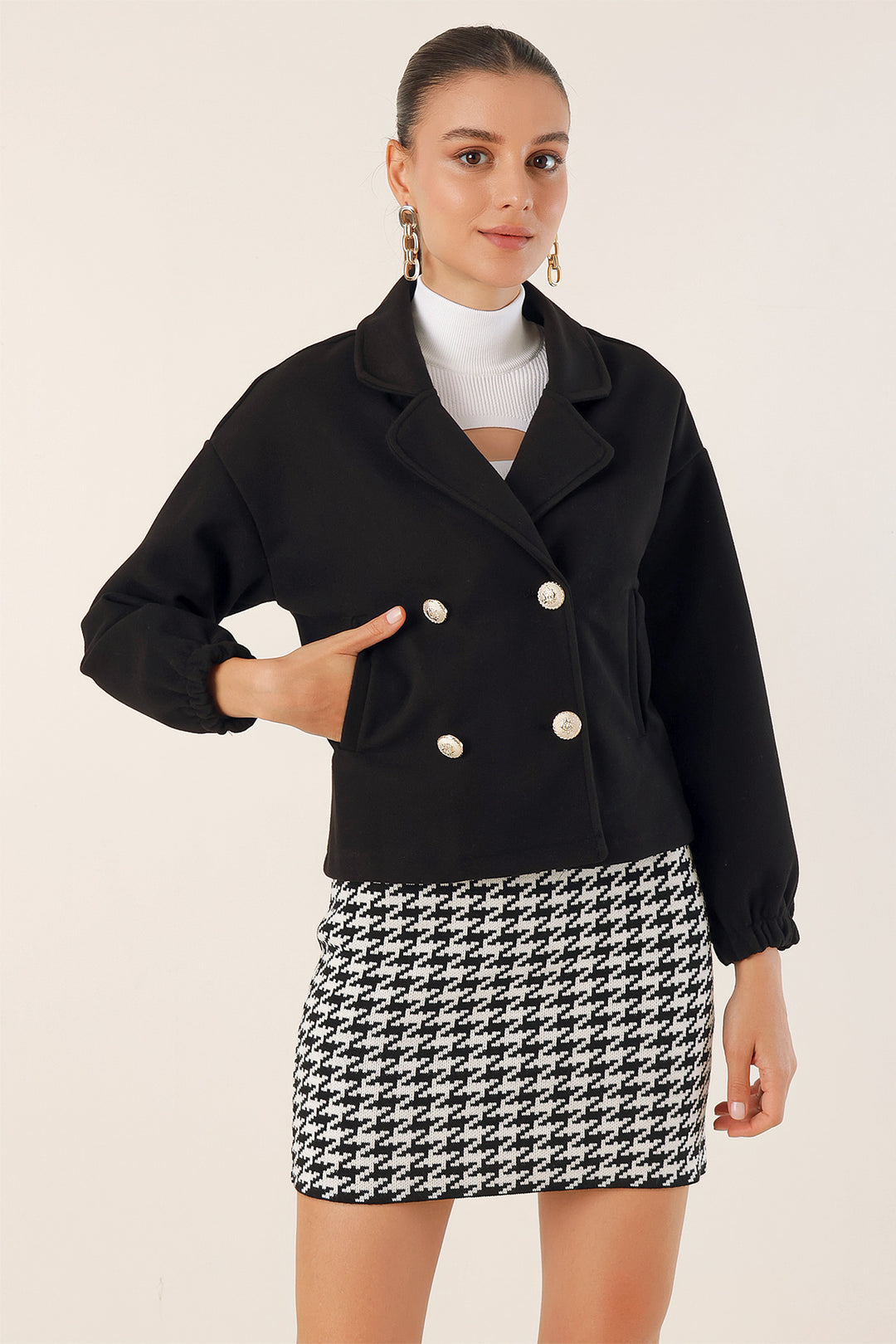 BGD Women Lapel Collar Crop Jacket - Black - Avondale