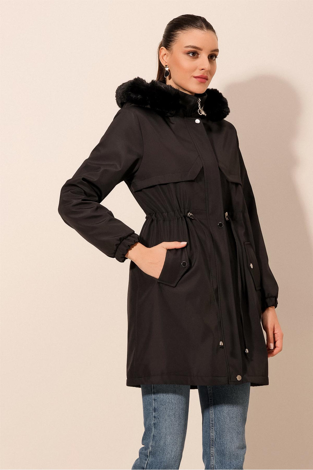 BGD Women Hooded Faux Fur Coat - Black - Avondale