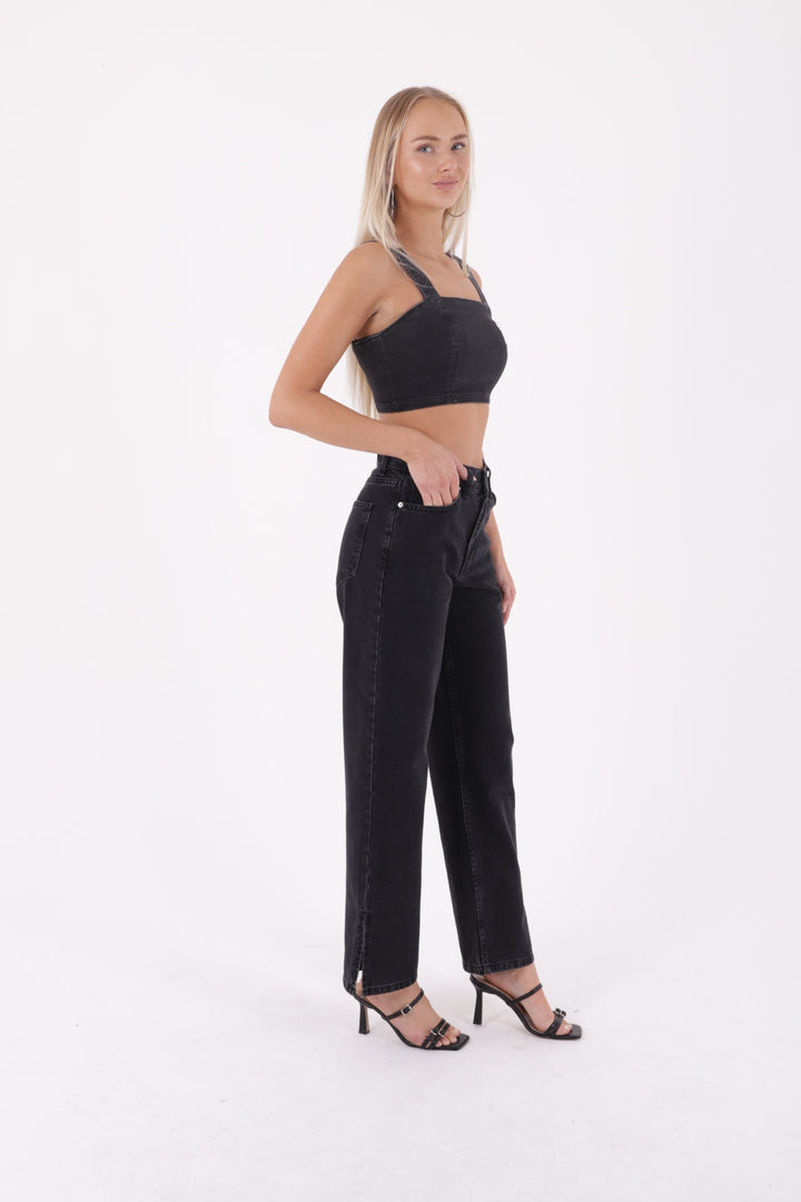 XLJ Stove Pipe Leg High Waisted Relaxed Jean with Slit at Finish Mixed - Portsmouth