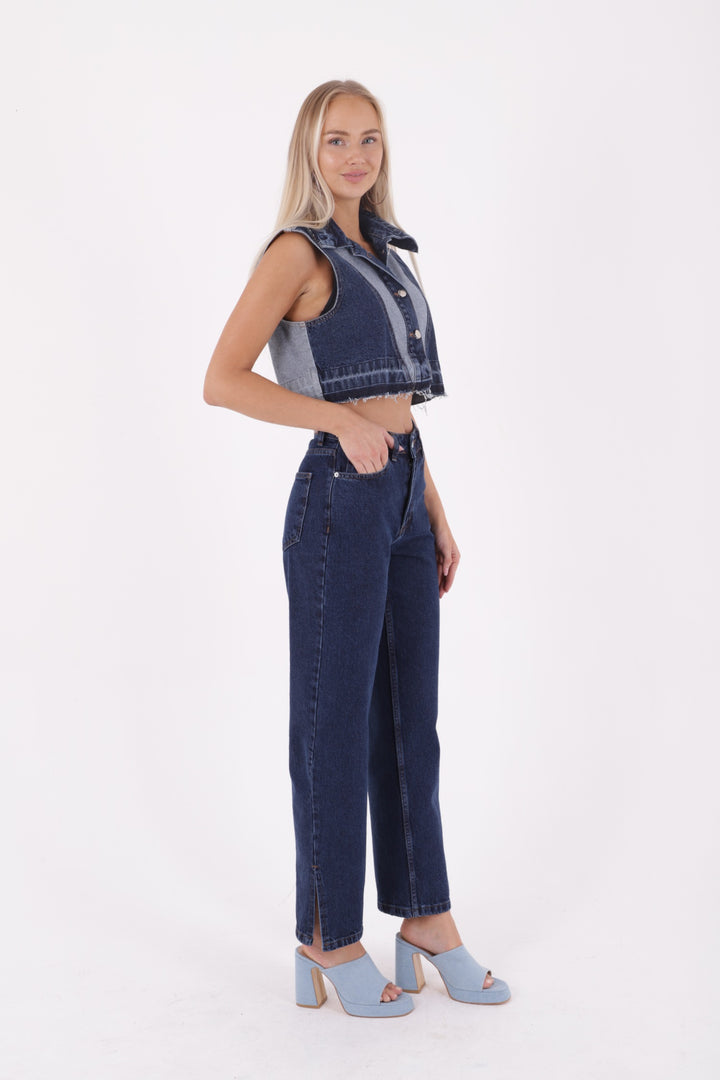 XLJ Stove Pipe Leg High Waisted Relaxed Jean with Slit at Finish Mixed - Burleson