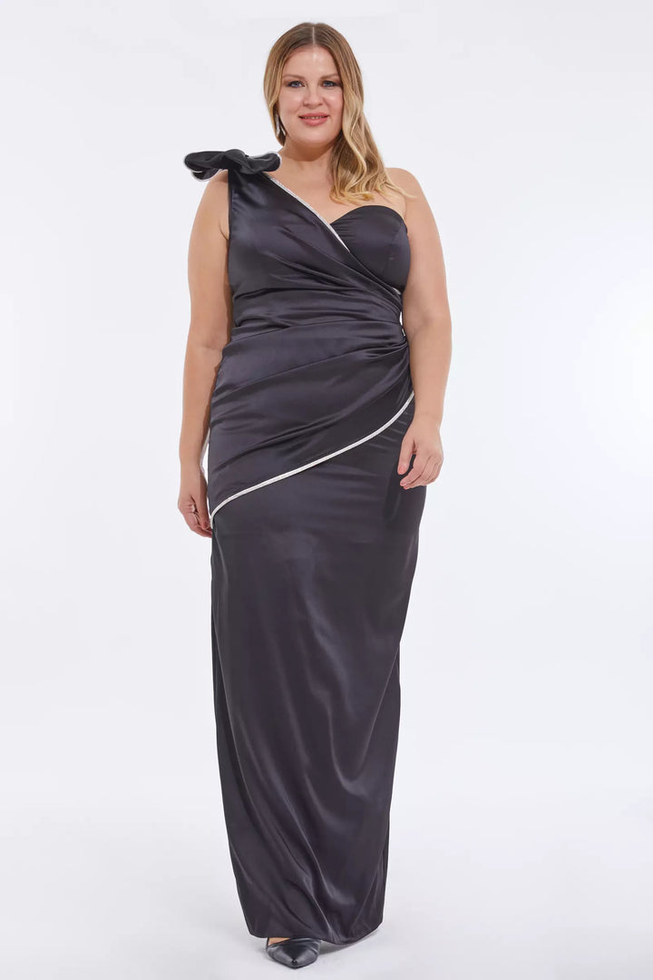 FRV Black plus size satin single sleeve maxi dress - Elgin