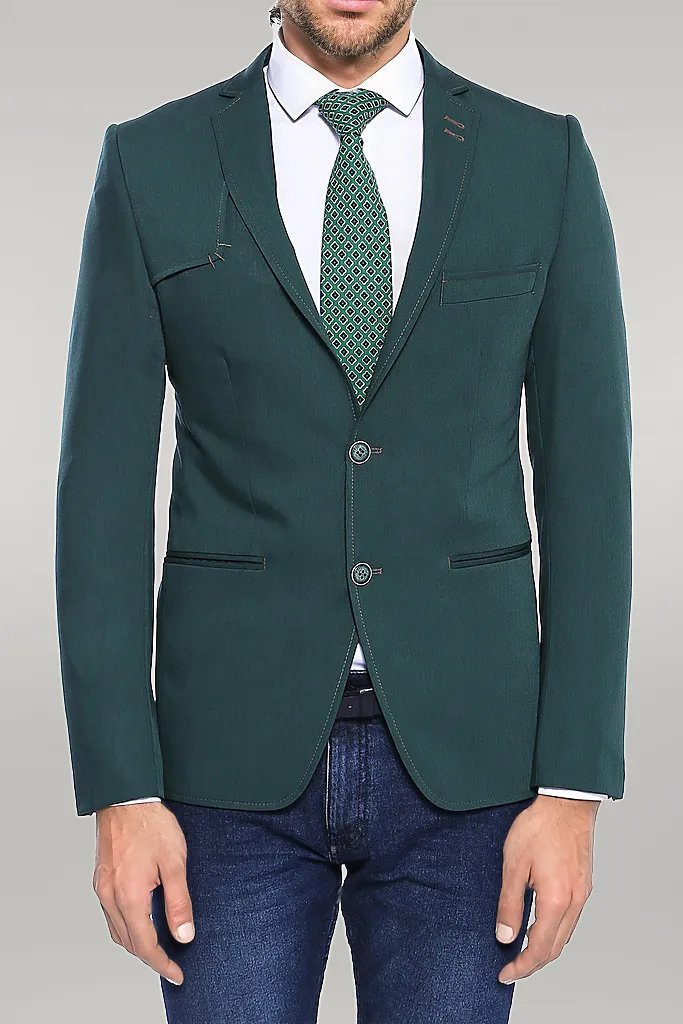 WSS Double Buttons Shoulder Piece Mono Lapel Green Jacket- - Singen