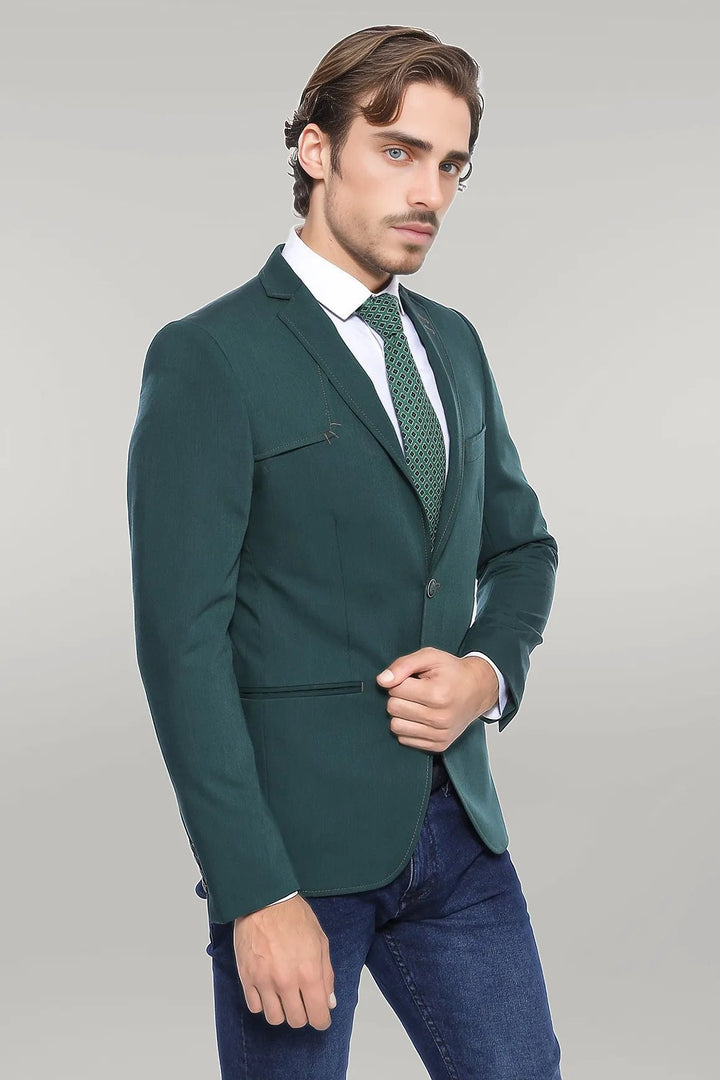 WSS Double Buttons Shoulder Piece Mono Lapel Green Jacket- - Singen