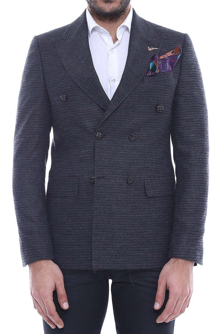 WSS Double Breasted Slim Fit Navy Blue Blazer  - Singen