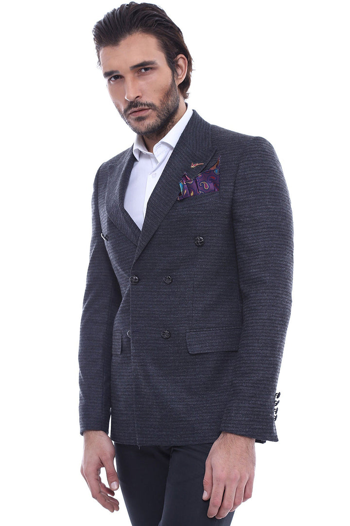 WSS Double Breasted Slim Fit Navy Blue Blazer  - Singen