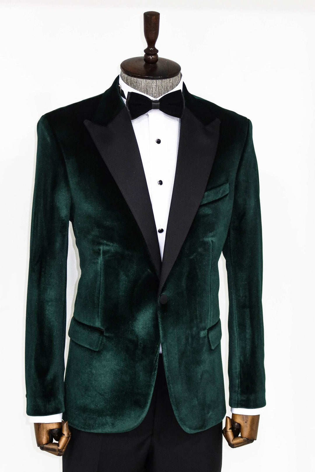 WSS Slim Fit Peak Lapel Velvet Dark Green Men Prom Blazer - Singen