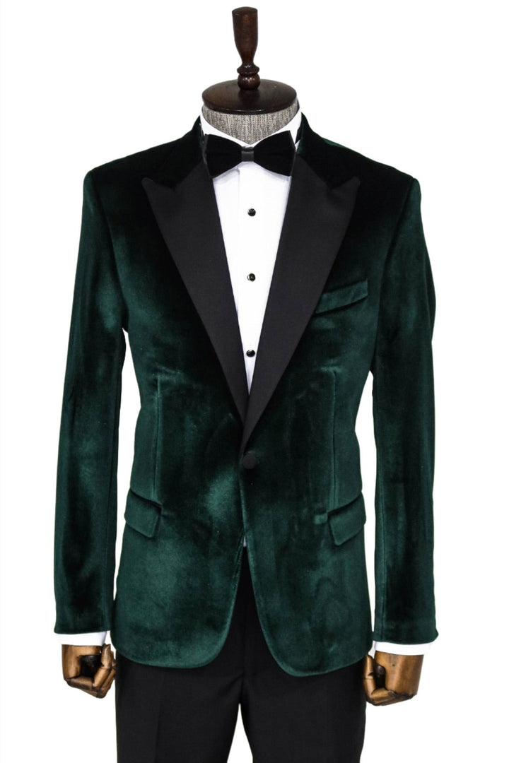 WSS Slim Fit Peak Lapel Velvet Dark Green Men Prom Blazer - Singen