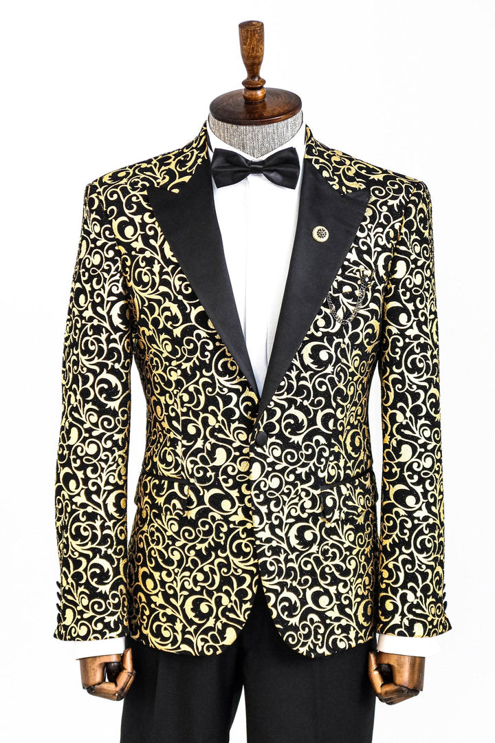 WSS Gold Patterned Over Black Men Prom Blazer  - Singen