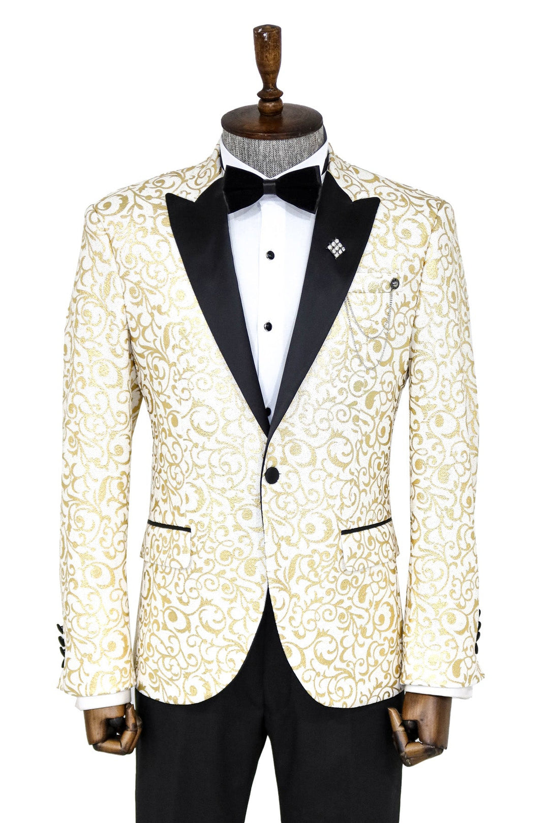 WSS Gold Scroll Patterned Over White Men Prom Blazer  - Singen