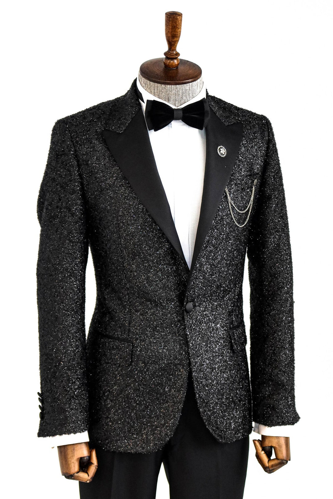 WSS Black Tinsel Slim Fit Tuxedo Blazer  - Singen