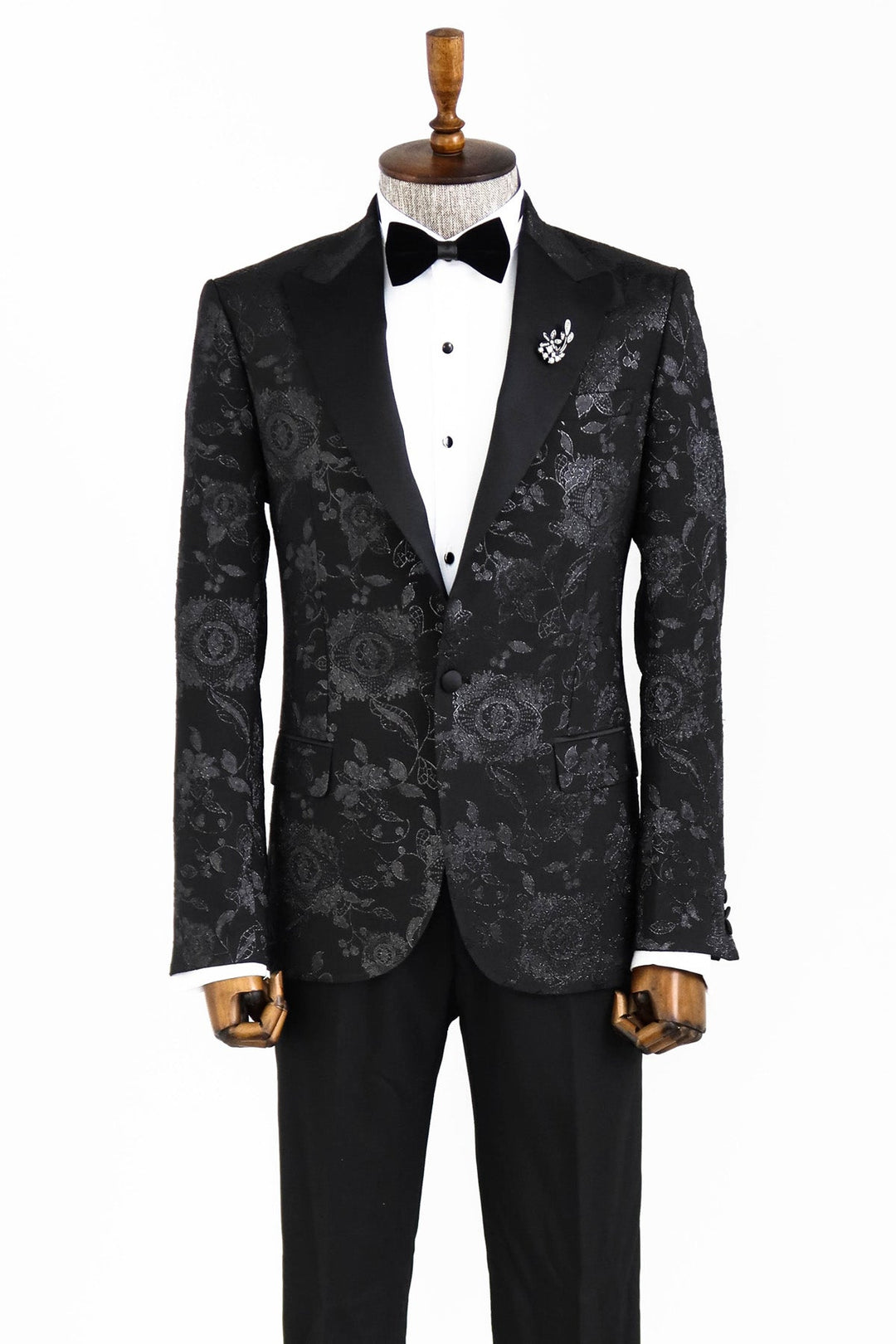 WSS Floral Patterned Shiny Peak Lapel Black Men Prom Blazer  - Singen