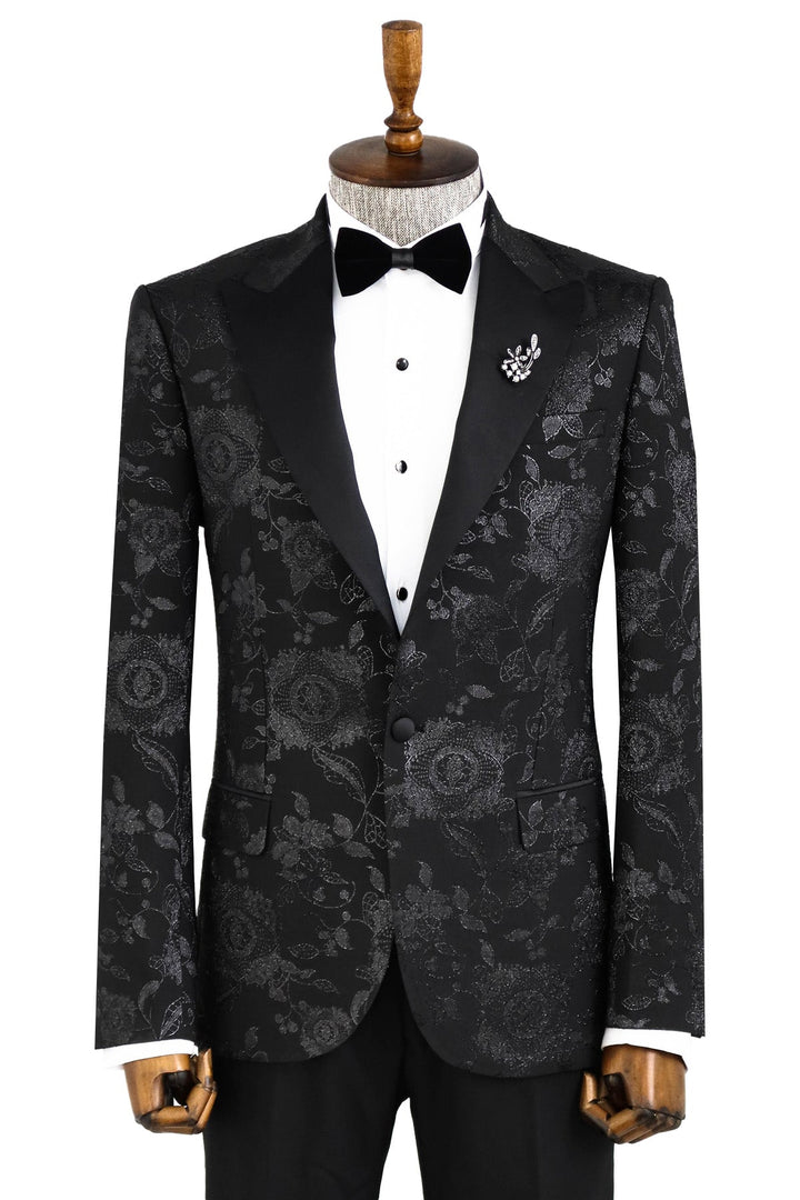 WSS Floral Patterned Shiny Peak Lapel Black Men Prom Blazer  - Singen