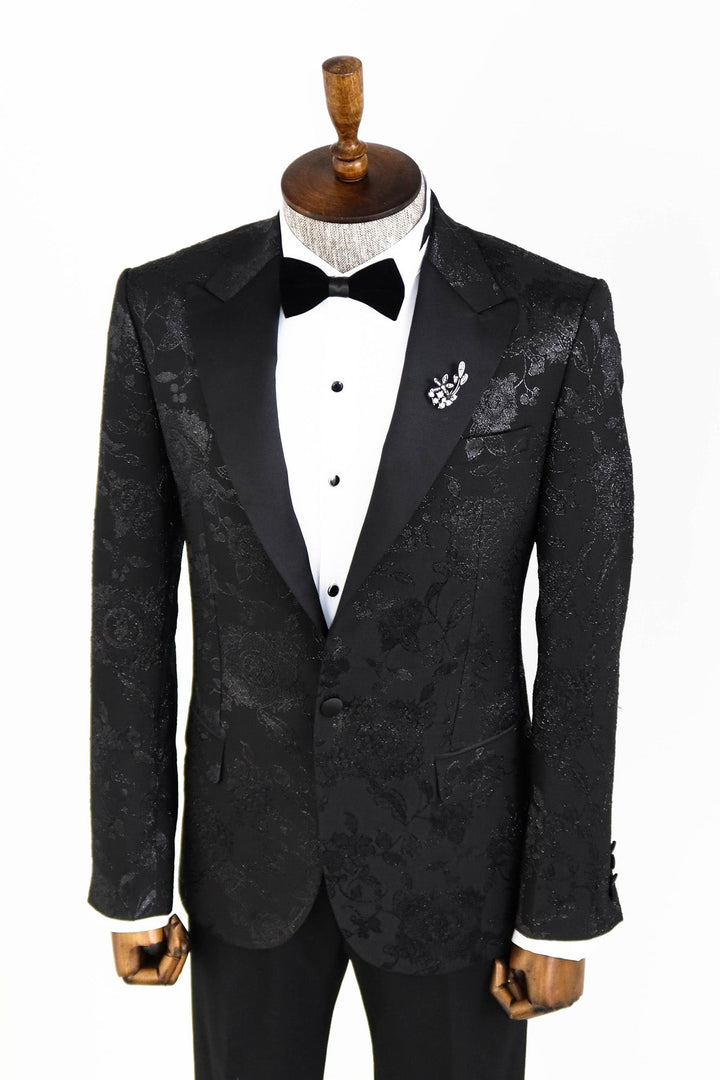 WSS Floral Patterned Shiny Peak Lapel Black Men Prom Blazer  - Singen