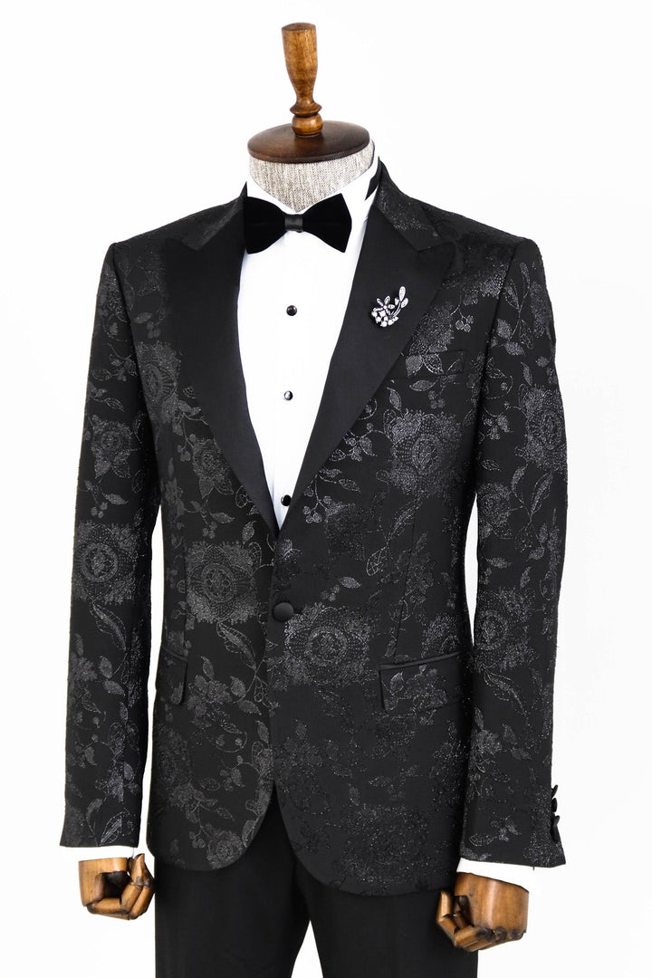 WSS Floral Patterned Shiny Peak Lapel Black Men Prom Blazer  - Singen