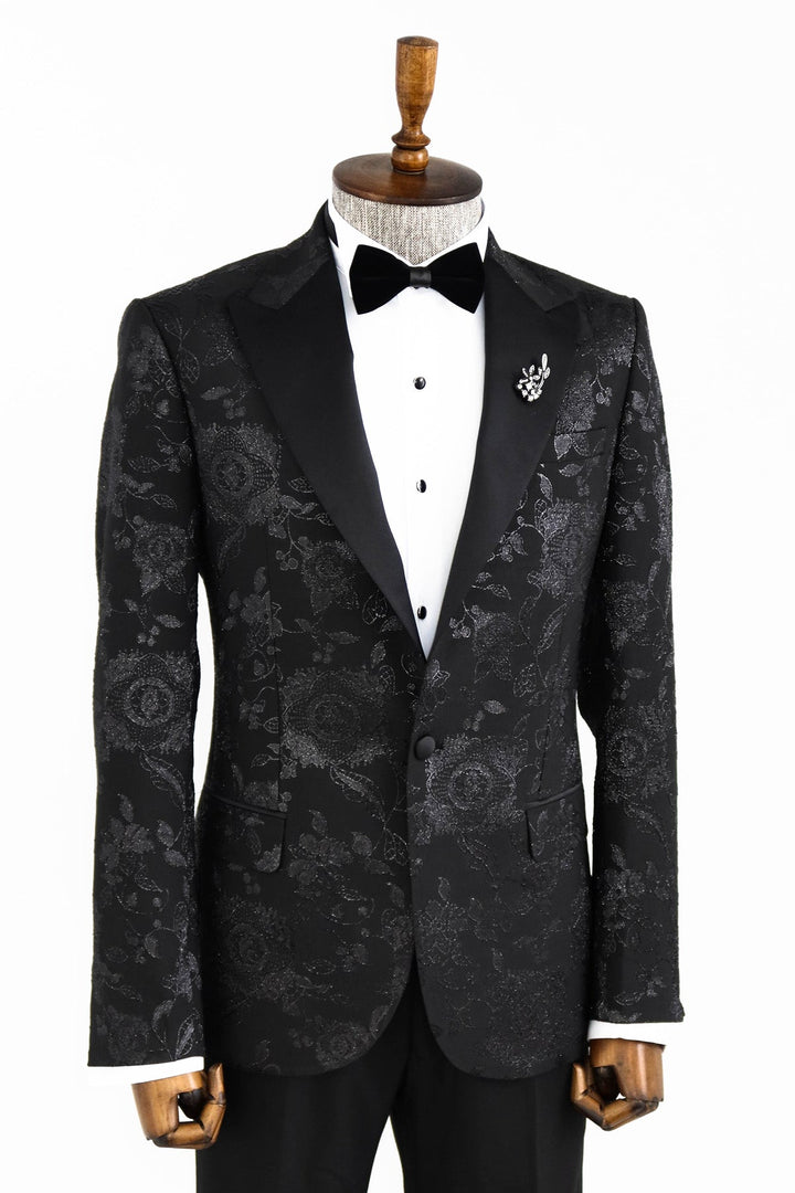 WSS Floral Patterned Shiny Peak Lapel Black Men Prom Blazer  - Singen