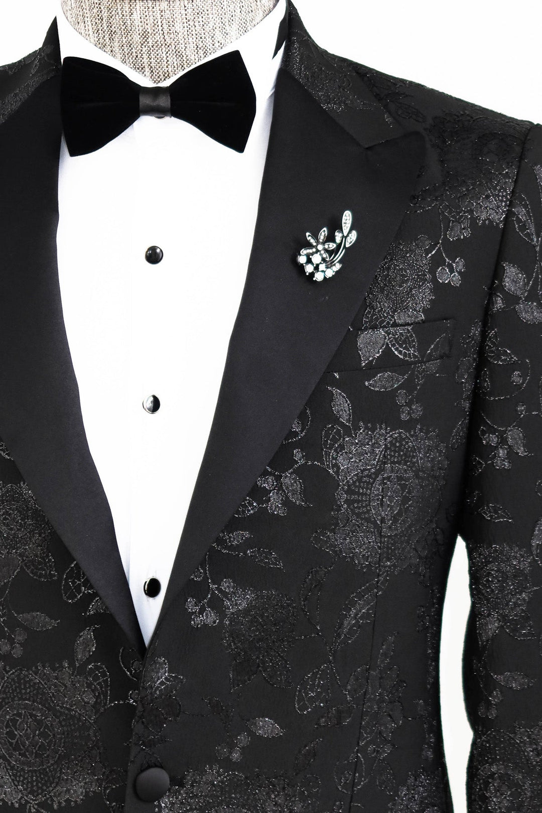 WSS Floral Patterned Shiny Peak Lapel Black Men Prom Blazer  - Singen