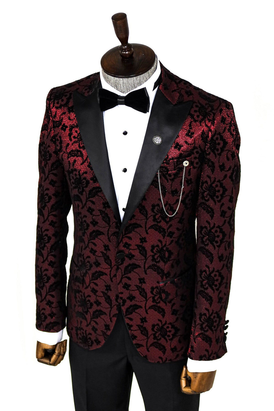 WSS Floral Patterned Peak Lapel Burgundy Men Prom Blazer  - Singen