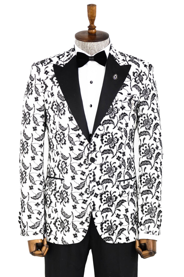 WSS Floral Patterned Peak Lapel White Men Prom Blazer  - Singen