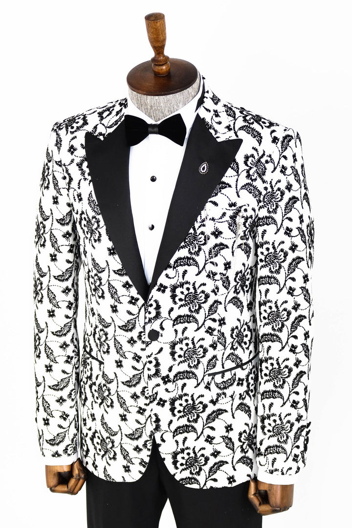 WSS Floral Patterned Peak Lapel White Men Prom Blazer  - Singen