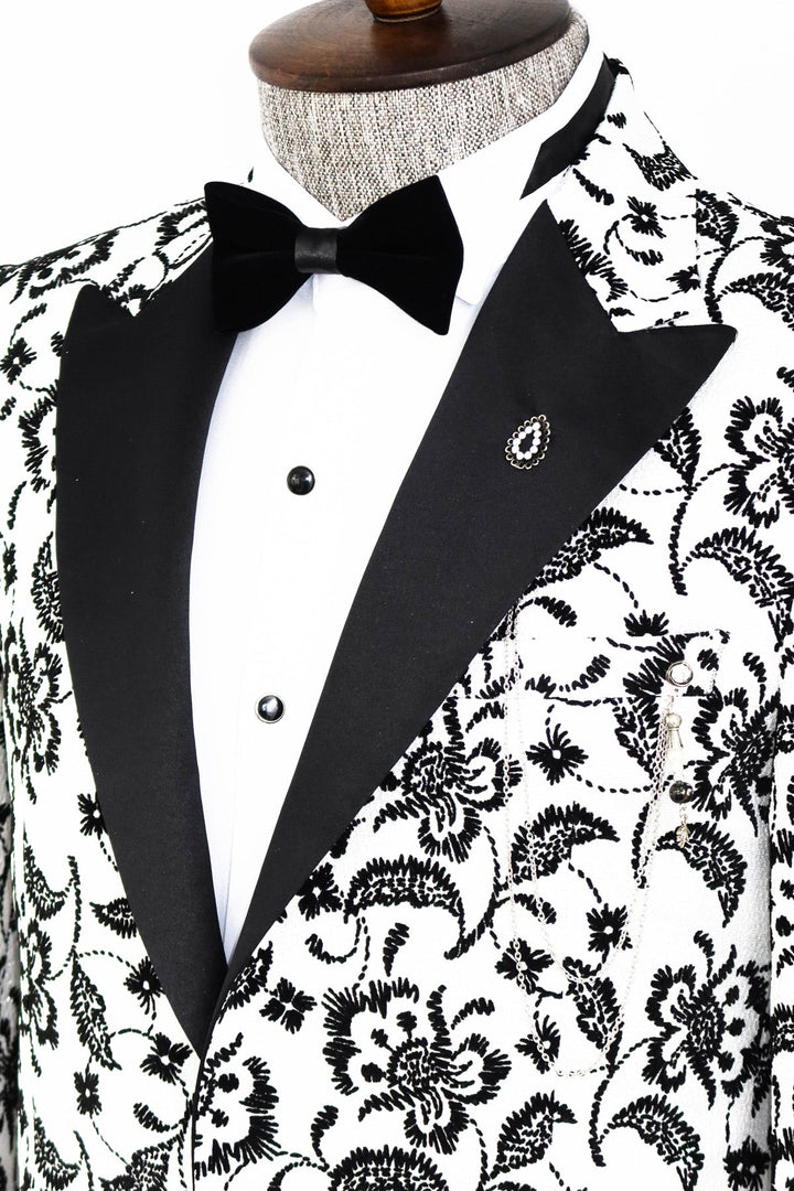 WSS Floral Patterned Peak Lapel White Men Prom Blazer  - Singen